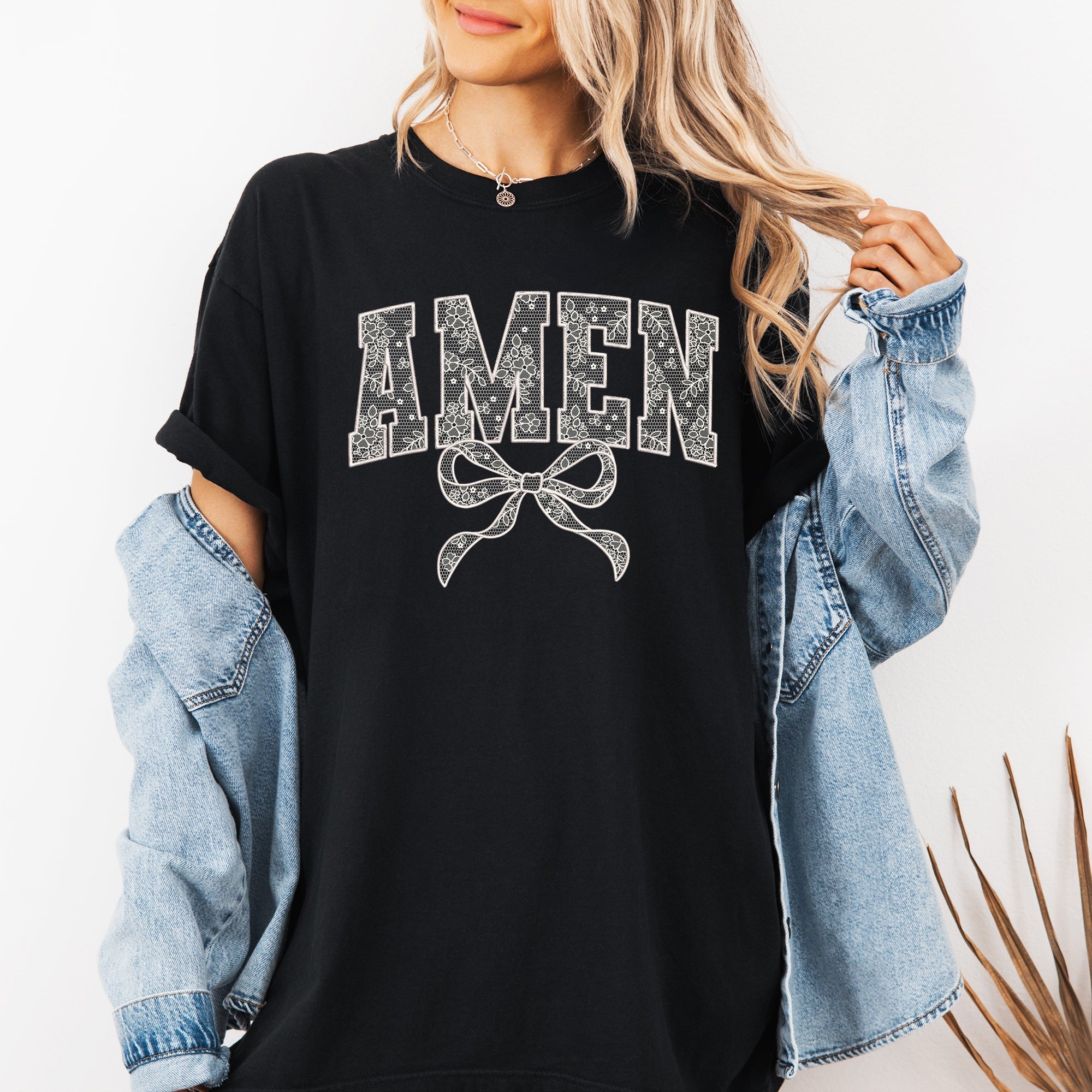 Amen, Lace, Coquette, Ribbon, Bow, Christian, Jesus, Gospel, Faith, Saved Tshirt Comfort Colors T-Shirt