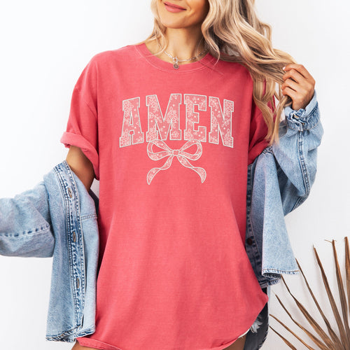 Amen, Lace, Coquette, Ribbon, Bow, Christian, Jesus, Gospel, Faith, Saved Tshirt Comfort Colors T-Shirt